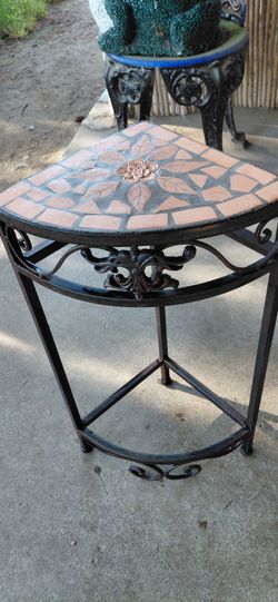 Vintage Wrought Iron & Terracotta Mosaic Side Table/ Plant Stand/ SALE PENDING