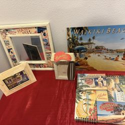 Hawaiian Island Surf Hut Waikiki Beach Home Decor Lot - Mirror Photo Frame Book Signs - Simi