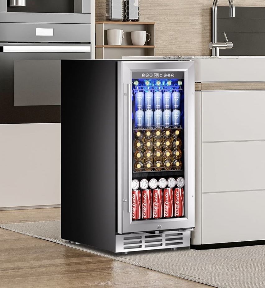 NEW Refrigerator, Beverage Refrigerator Cooler Under Counter 127 Cans Beverage Fridge Built In or Freestanding W/ Glass Door !