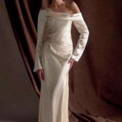 Meshki Off-the-shoulder Elegant Cream Satin Gown