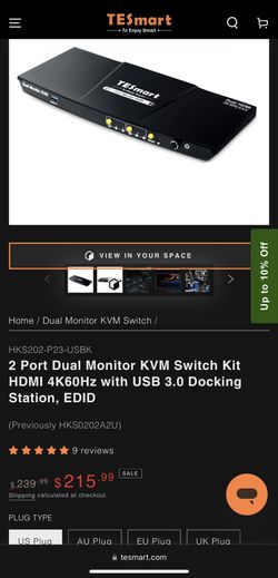 TESmart 2 Port Dual Monitor KVM Switch Kit HDMI 4K60Hz with USB 3.0 Docking Station, EDID