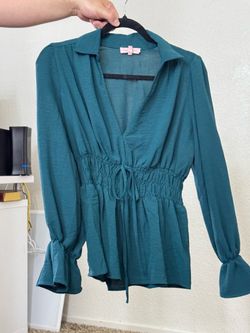 Elegant Emerald/Teal Smocked Waist Blouse – Flowy Long Sleeve Top