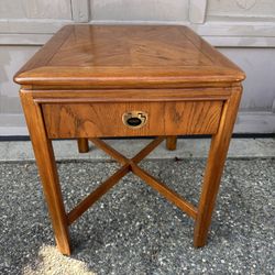 vintage Drexel oak solid side table with glass top