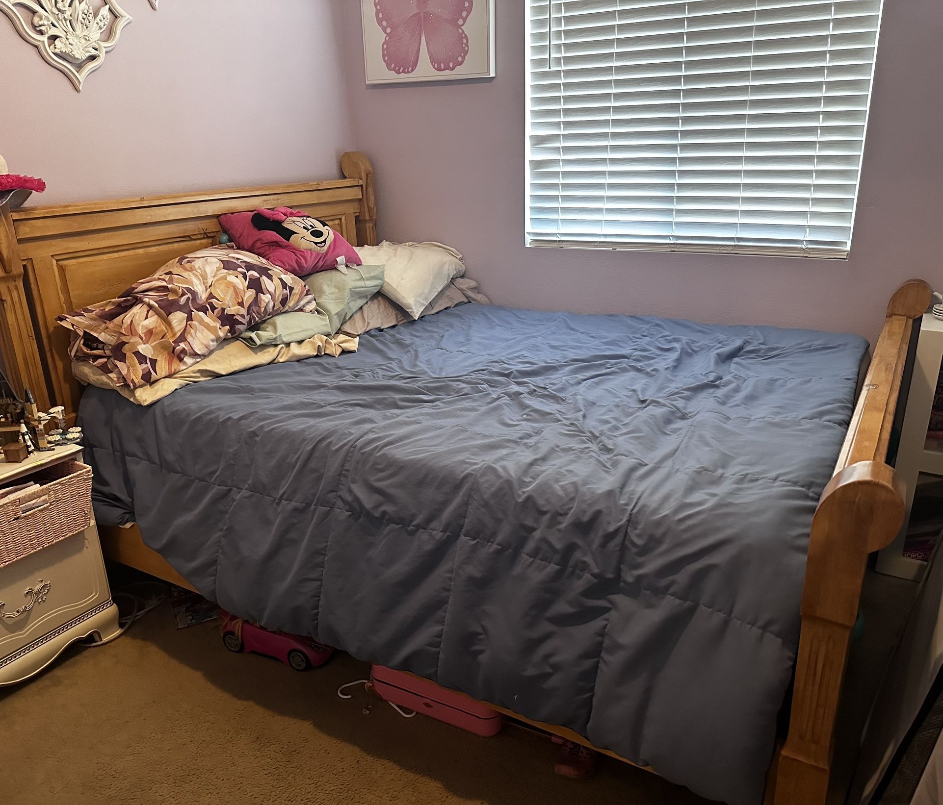 Queen Bed Frame with Like New Serta Mattress Included