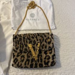 Versace Virtus Leopard Print Clutch With Gold Chain Attachment 