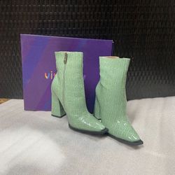 vivianly Square-Toe Mid Calf Crocodile Print Ankle Boots Thick Heel Side Zip Short Booties Size (8) Color Lake Blue 