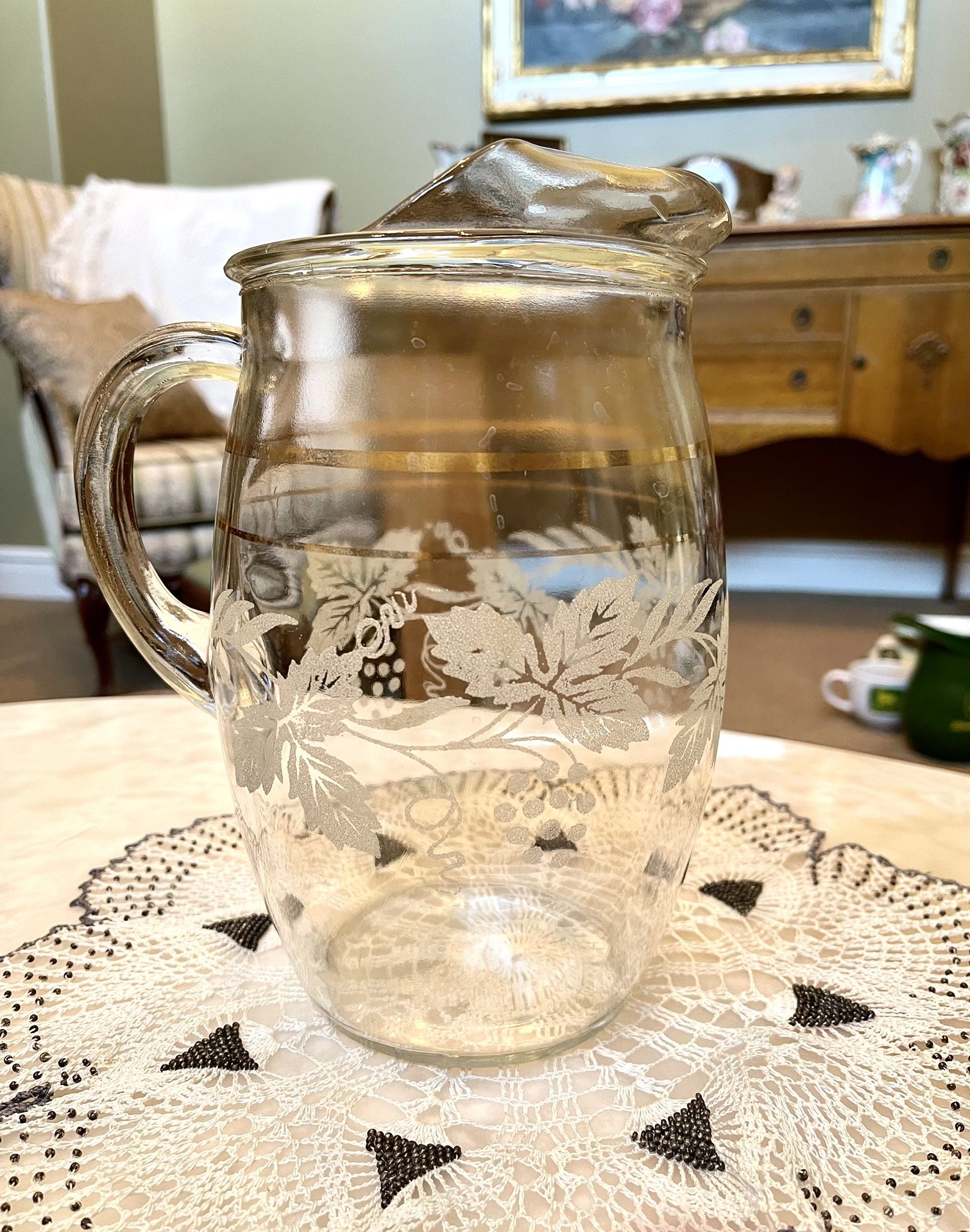 Pretty Vintage Glass Water Pitcher With Beautiful Etching And Gold Accent