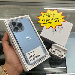 Blue iPhone 13 Pro Unlocked, FREE headphones. Cheap $50 Down With Approval