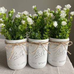 Chalk Painted & Distressed Mason Jar Vases 3 For $18