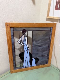 Vintage Handmade gorgeous blue beige and green stained glass woman portrait art