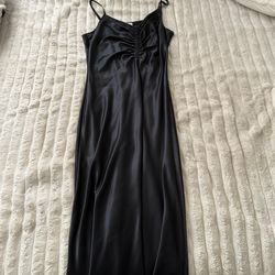 Black satin maxi dress with ruched bust