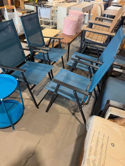 New-Patio Chairs, 4pcs Foldable Outdoor Sling Chairs with Armrests, Blue, Metal, Set of 4, for Lawn, Pool, Courtyard, Balcony & Garden