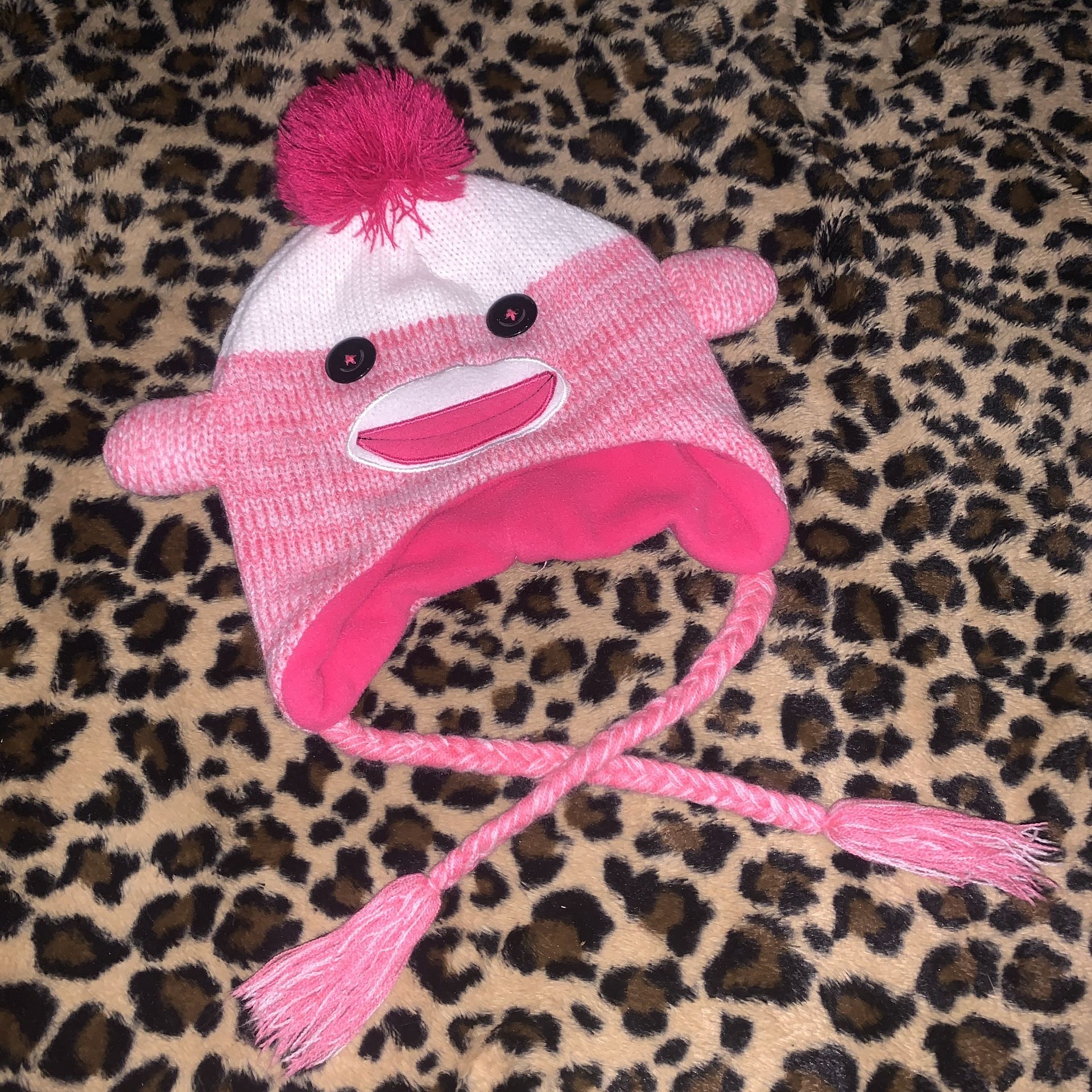 Pom puff Monster Animal Fleece Knit Juniors Pink White Beanie Cap Hat Braided