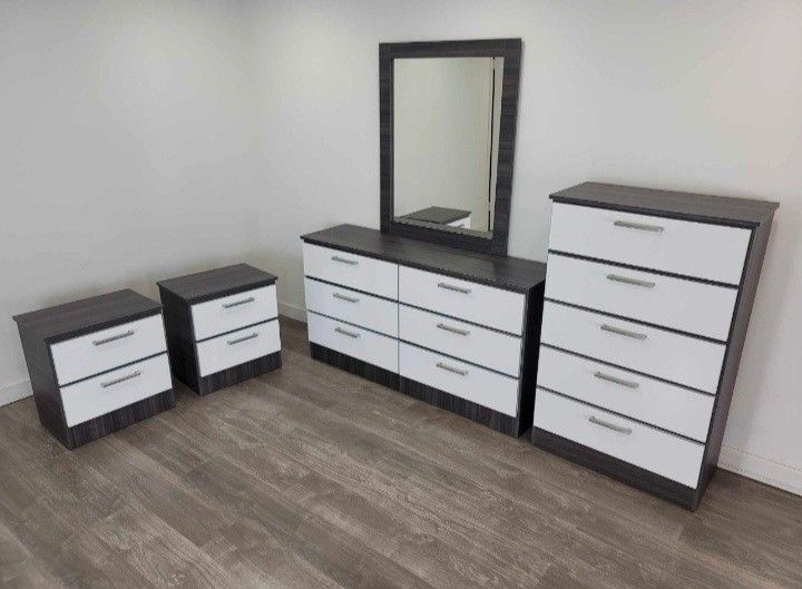 DRESSER WITH MIRROR AND TWO NIGHTSTANDS 