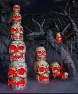 8-Foot Light-Up Stacked Skulls Halloween Decor