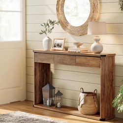 Console Table, 47.2 Inches Sofa Table, Narrow Entryway with 3 Drawers, Bottom Shelf, Metal Corners, for Living Room, Bedroom, Farmhouse Style, Honey B