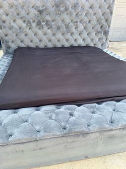 King Size Grey Velvet Tufted Bed Frame with Storage