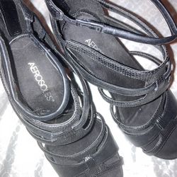 Black Strapped Wedge Heels