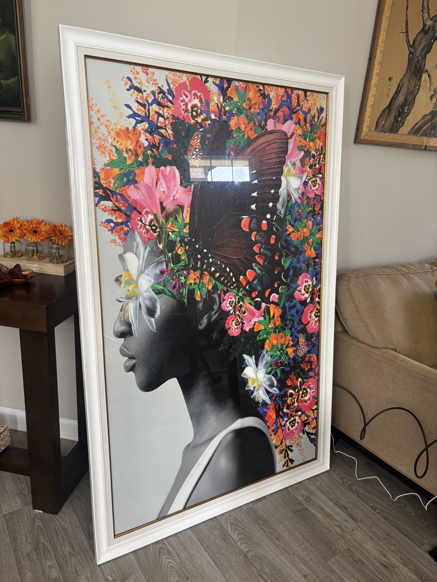 Modern African American Art – Framed Portrait with Floral Design