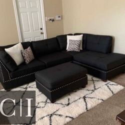 New Black Sectional Sofa Couch Ottoman 