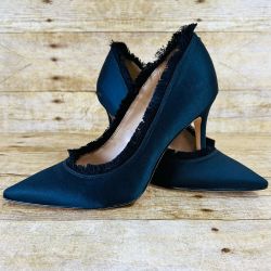 Sam Edelman Hazel Balck Satin Frayed Trim Pointed-Toe Stiletto Pumps Size 6