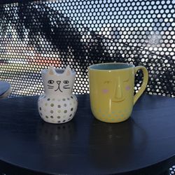 Ceramic Cat Planter And Smiling Yellow Mug ( Can Be Used To Hold Small Plant)