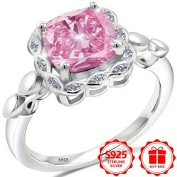 925 Sterling Silver Pink Zirconium Ring Size 7