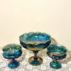 Vintage Iridescent Blue Carnival Glass Set – Teardrop & Kings Crown Patterns