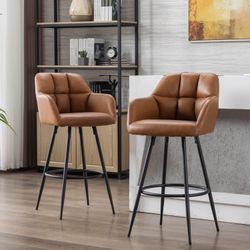 Modern 30" Bar Stools Set of 2 with Back, Faux Leather Upholstered Counter Height Barstools Kitchen Counter Island Stools with Metal Footrest for Kitc