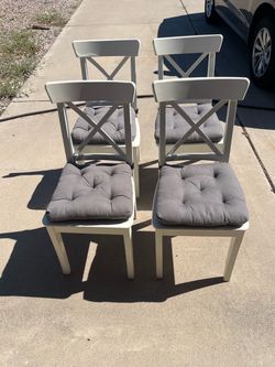 Set of 4 White IKEA INGOLF Dining Chairs with Grey MALINDA Cushion Pads