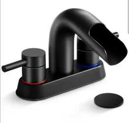 AKLFGN 4 in. Centerset Double Handle Waterfall Spout Bathroom Faucet with Pop-Up Assembly in Matte Black