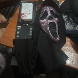 Ghostface purple rhinestone mask with voice changer and gloves