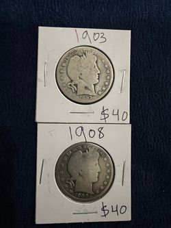 Barber half dollar 90% silver 1903 ( O ) & 1908 (O)