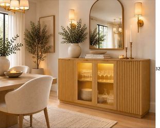 Buffet Cabinet with Glass Doors & LED Lights, Fluted Credenza Storage Cabinet with Adjustable Shelve