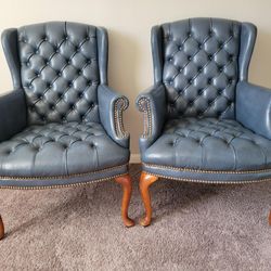 Vintage Pair Tufted Blue Leather Wingback Chairs
