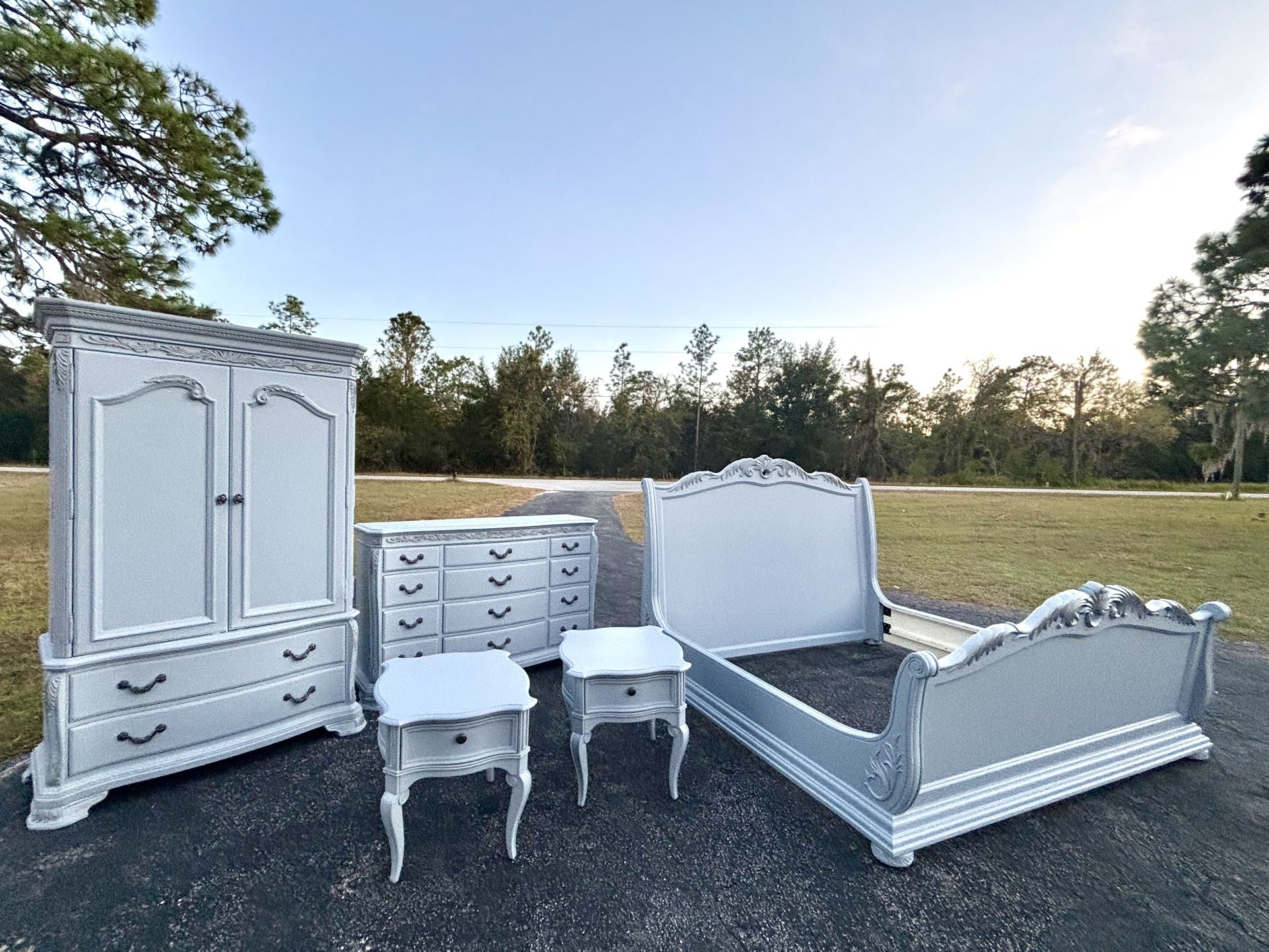 Complete king bedroom set custom painted in light gray