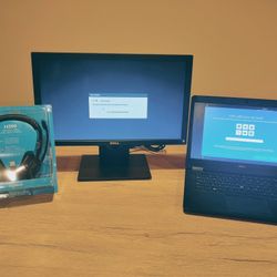 Dell Monitor, Laptop Computer and Logitech Headset Combo
