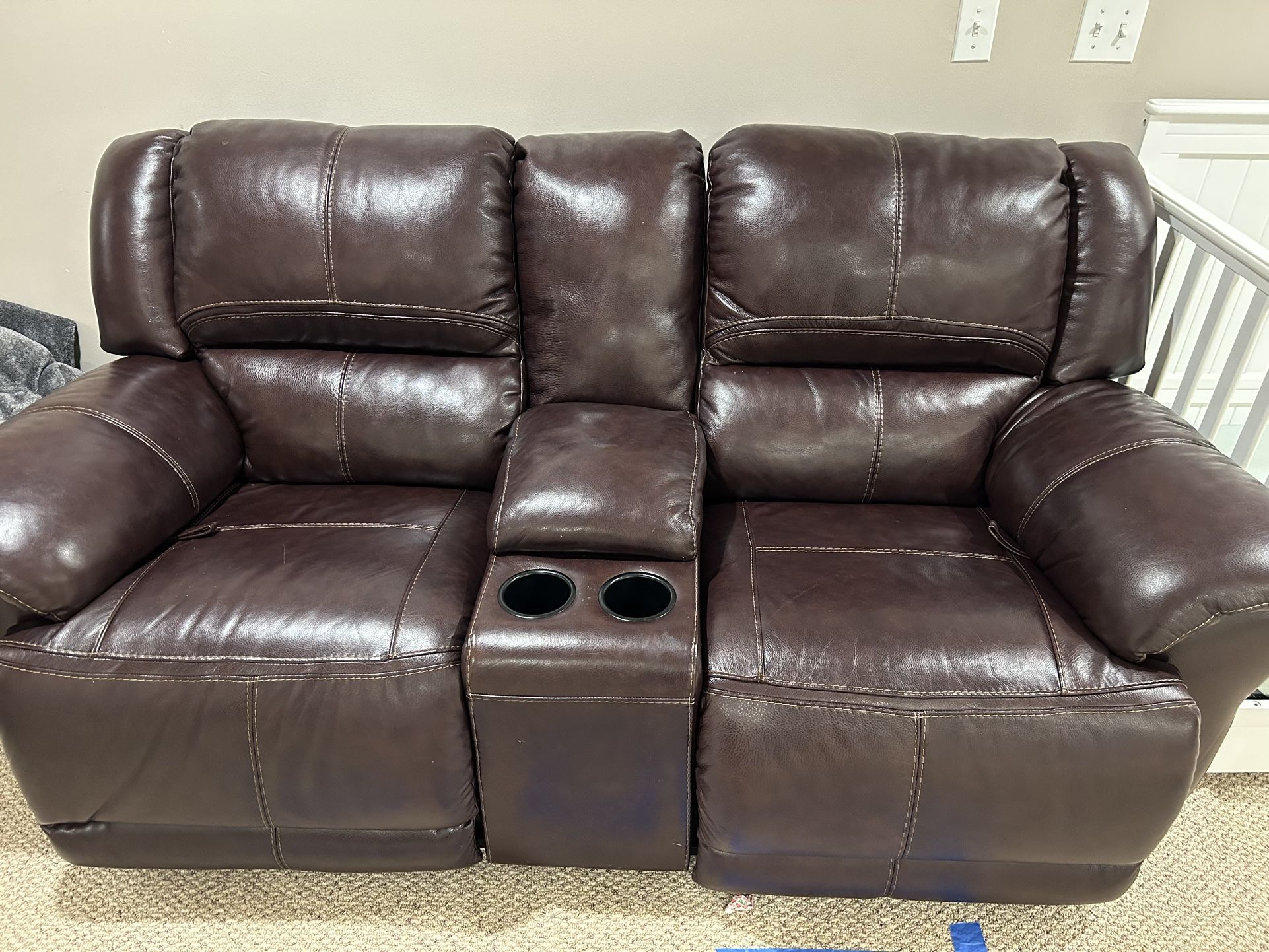 Brown Leather Sofa Coach Loveseat With Cup holders And Storage