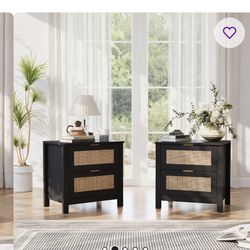 Rattan Nightstand (Set Of 2) With Wireless Charging Station & Two Drawers