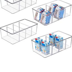 4 Pack Food Storage Organizer Bins, Clear Plastic Bins for Pantry, Kitchen, Fridge, Cabinet Organization and Storage, Compartment Holder Packets, Snac