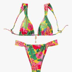Women's 2 Piece Leopard Floral Bathing Suit Wireless Triangle Swimsuit High Waisted Bikini Sets