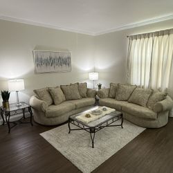 7-piece Vintage Post Modern Curved Sofas with Coffee table, 2 End tables, Mirror and Console Table