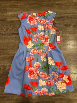 Vince Camuto Floral A-Line Dress Blue Red Pink Green Size 12 Cap Sleeve