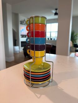 Multicolor Espresso Cup and Saucer Set with Rack