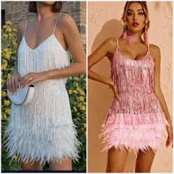 Women's Sexy Sleeveless Spaghetti Strap Feather Fringe Camisole Dress Cocktail Party Evening Dress