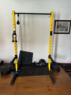 Squat Rack with 1” Barbell and land mine attachment. Includes 230 lbs worth of plates and cable pulley system