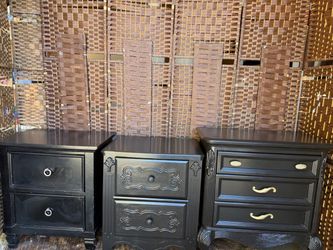 Set of 3 Black Nightstands with Decorative Details