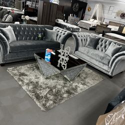 Grey Velvet 2- Piece Sofa And Love Seat