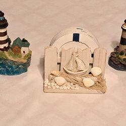 Nautical Decor Bundle Lighthouses Sailboat & Seashell Cup Coaster Holder W/ Coasters😍