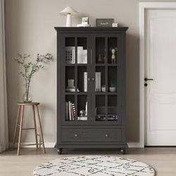 55.1 in. Tall Black Wooden Standard Bookcase with Tempered Glass Doors, 3-Tier Shelves and Drawer $120